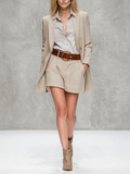 Women's Oat Beige Tweed Two-Piece Suit With Open Front Long Blazer & High Waist Pocketed Shorts, Minimalist Smart Casual Matching Outfit (Inner layer and belt not included) MDZ1347G9LYL