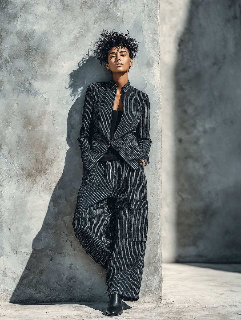 Women's Black White Vertical Stripe Mandarin Collar Single Button Blazer Wide Leg Cargo Pocket Pant Two Piece Suit Set MDZ1548G6YZJ