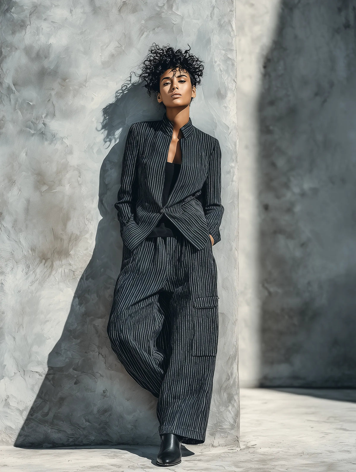 Women's Black White Vertical Stripe Mandarin Collar Single Button Blazer Wide Leg Cargo Pocket Pant Two Piece Suit Set MDZ1548G6YZJ