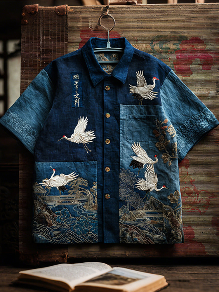 Japanese Style Crane With Landscape Patchwork Art Linen Short Sleeve Shirt