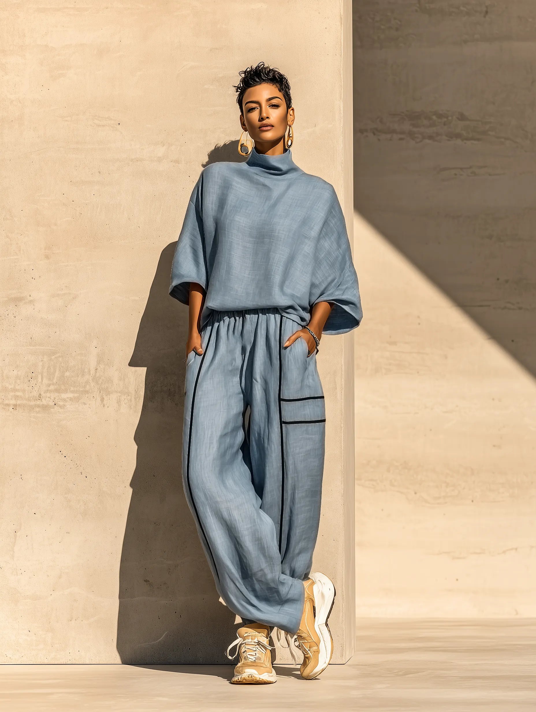Women's Dusty Blue Linen Turtleneck Three Quarter Sleeve Top Contrast Stripe Drawstring Wide Leg Pants Two Piece Set MDZ0964G5YZJ