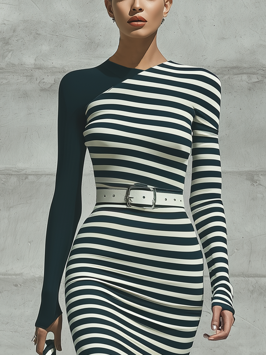Women's Black And White Horizontal Stripe Color Block Asymmetric Neck Long Sleeve Bodycon Midi Dress (Without Belt) MDZ2406G1YZJ