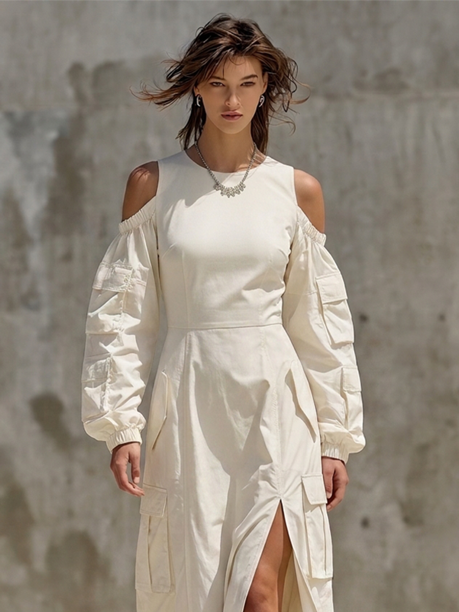 Women's Off White Cotton Blend Cargo Maxi Dress With Cold Shoulder Cutout & Multi Flap Pockets, Streetwear Front Split Long Sleeve Maxi Dress MDZ2259G1LYL