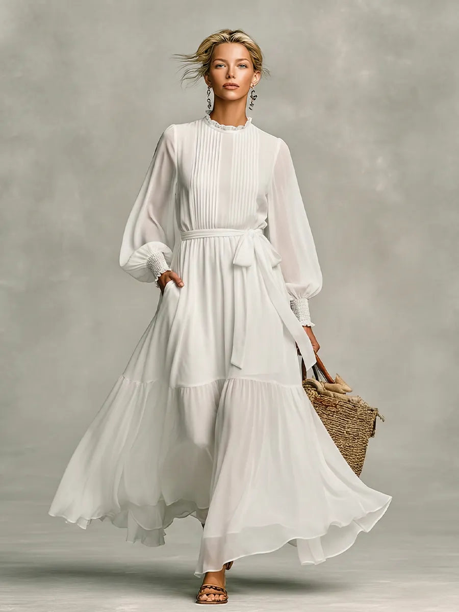 Women's White Chiffon Maxi Dress With Ruffle High Neck Vertical Pleats & Self-Tie Waist Belt, Minimalist Vacation Lantern Sleeve Long Maxi Dress MDZ1605G2LYL