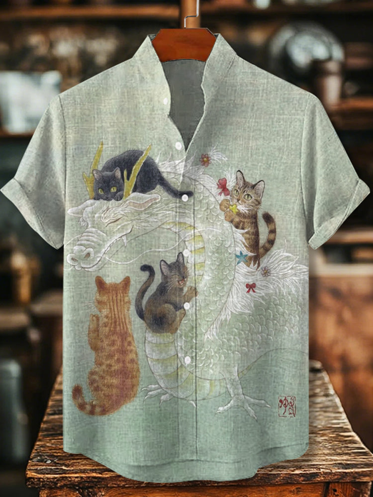 Cute Cat For The Love Of Dragons Pattern Art Print Casual Shirt