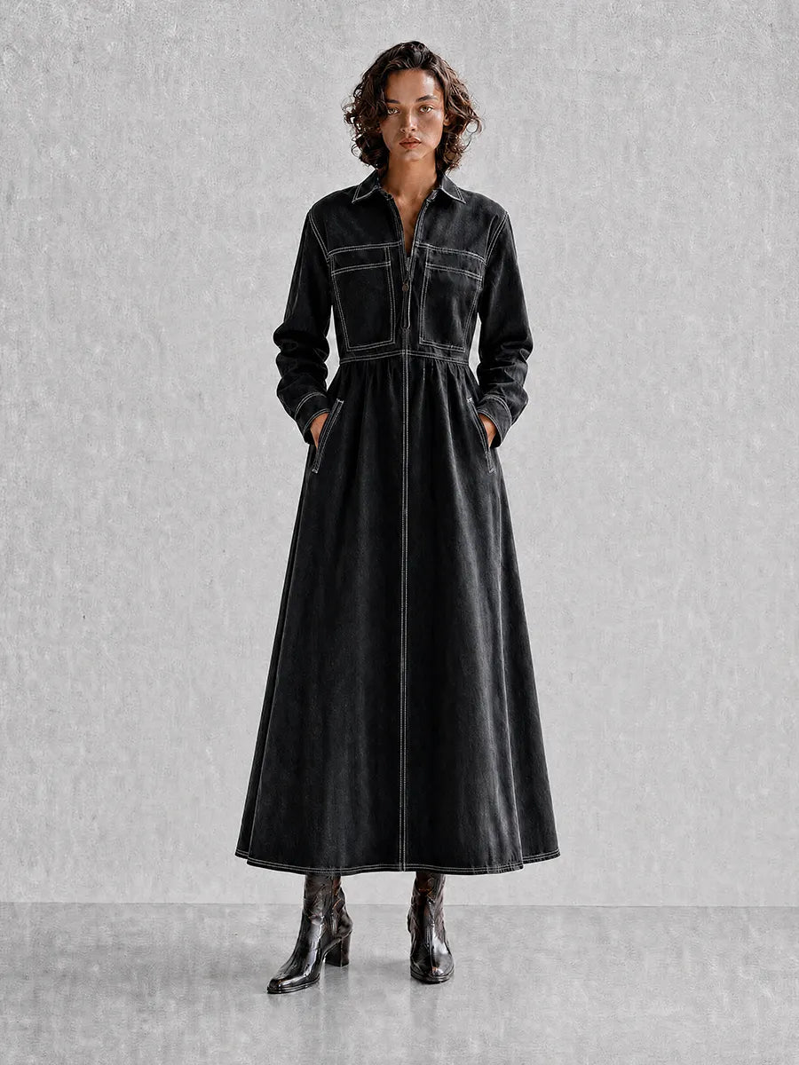 Women's Black Contrast-Stitch Collared Long-Sleeve Cinched-Waist Denim Shirt Maxi Dress MDZ1591G0CMX