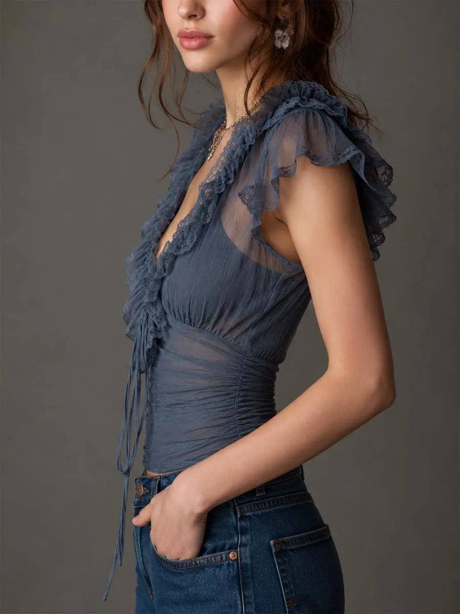Dusty Blue Lace-Trimmed Ruched Tencel Crinkle Chiffon Top