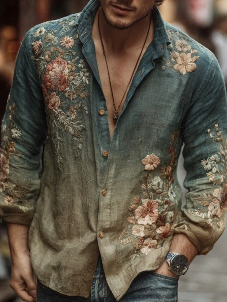 Men's Floral Art Linen Blend Shirt