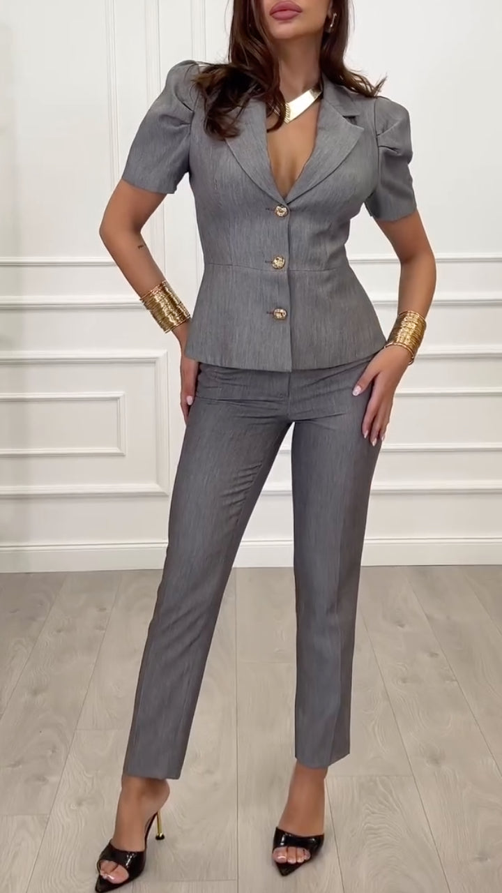Grey Puff-Sleeve Tailored Suit