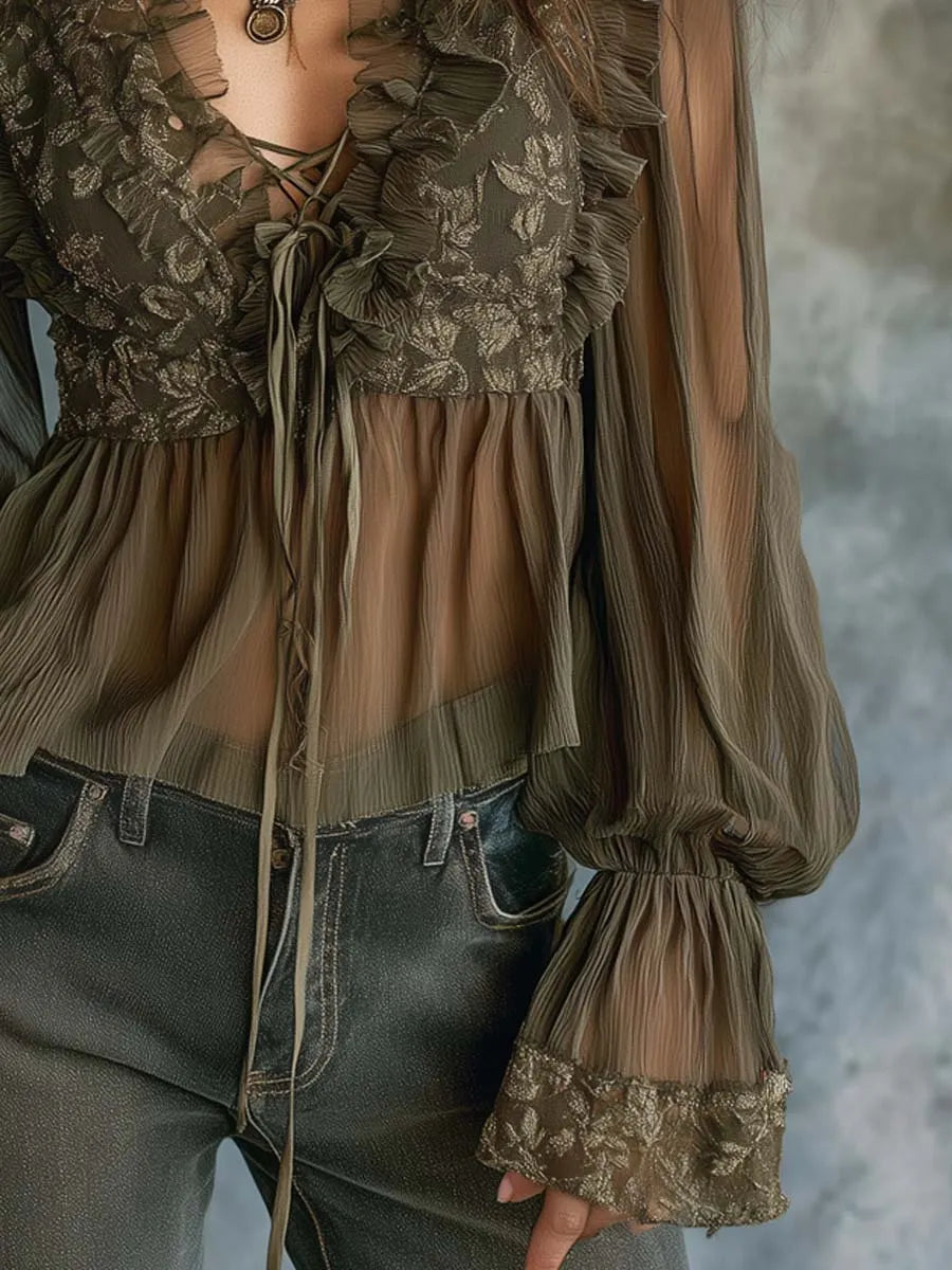 Vintage-Style Embroidered Ruffled Sheer Chiffon Blouse