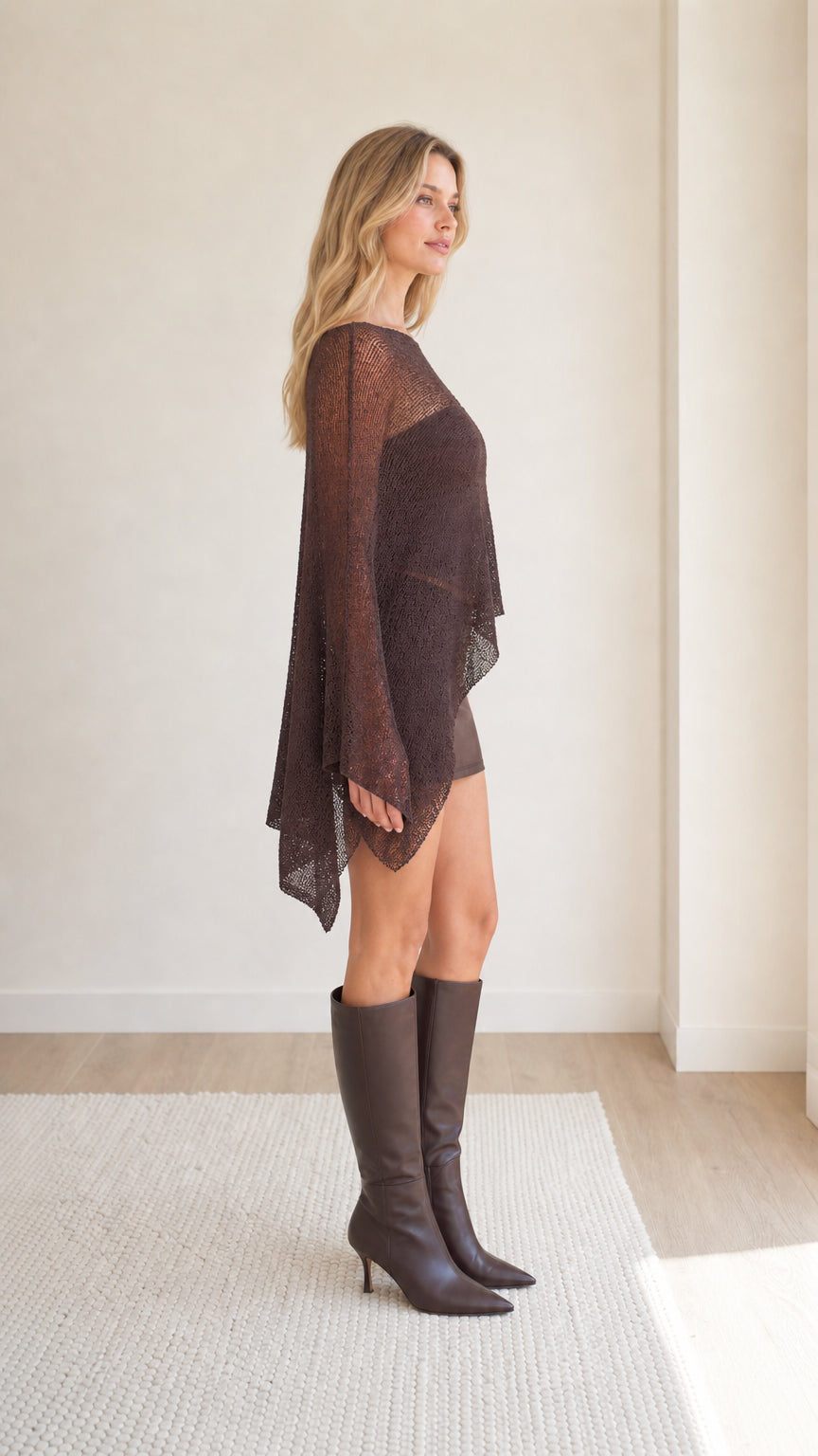 Off-The-Shoulder Sheer Knit Poncho Top with Asymmetric Hem