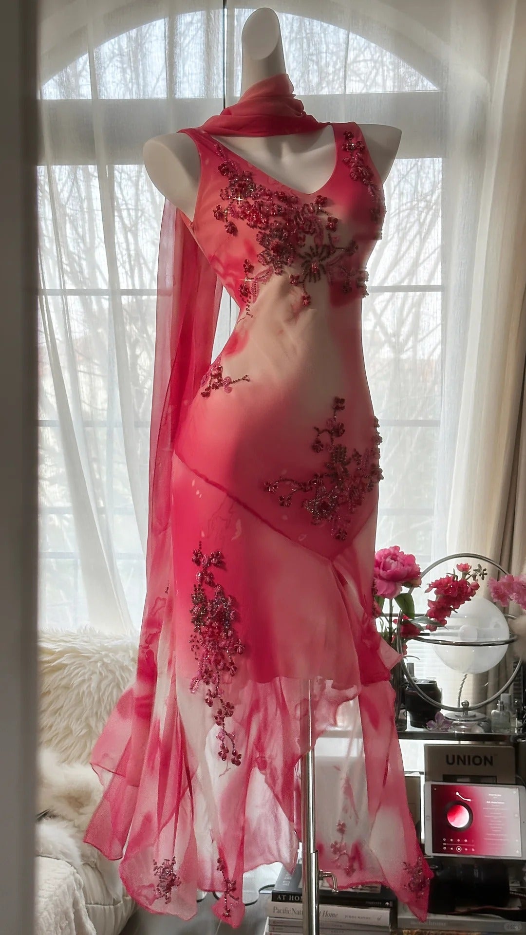 Pink Gorgeous Elegant Romantic Exquisite Beaded Blooming Long Chiffon Ball Gown Evening Dress Birthday/Wedding Guest Party Dress 4018