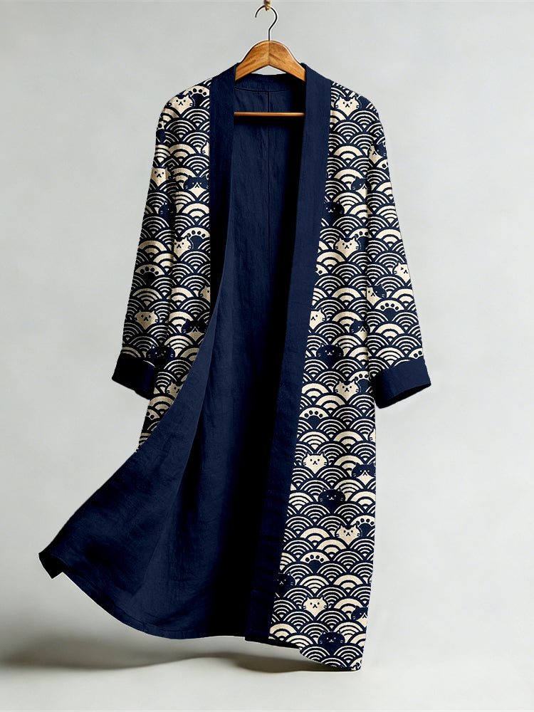 Vintage Japanese Cat Seigaiha Art Flowy Linen Long Kimono