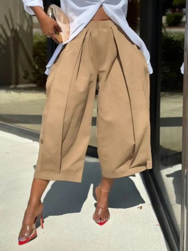 Loose Wide Leg Pleated Pockets Solid Color Pants