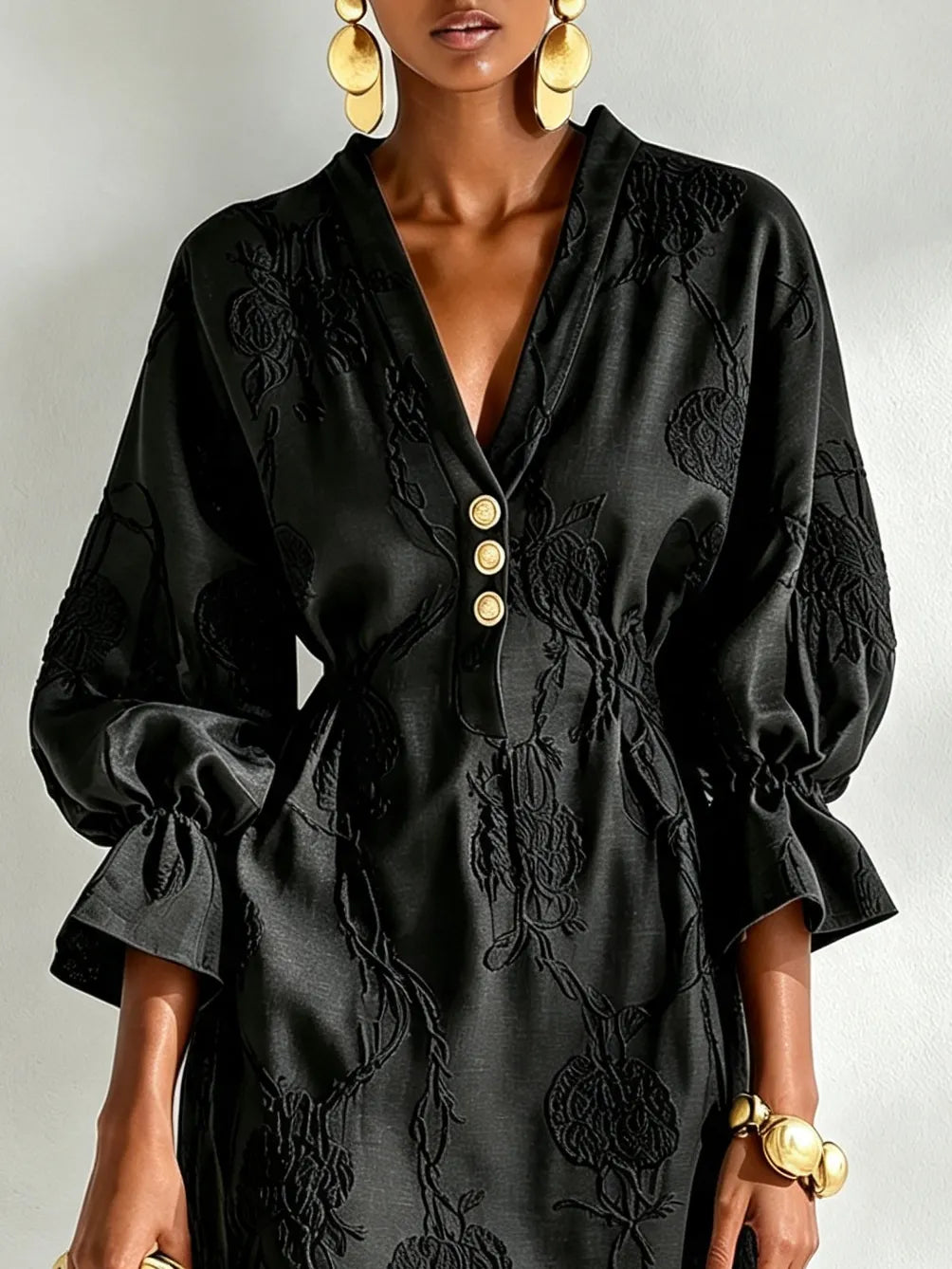 Black Embossed Floral Mini Dress V Neck Gold Button Lantern Sleeve Drawstring Waist Dress