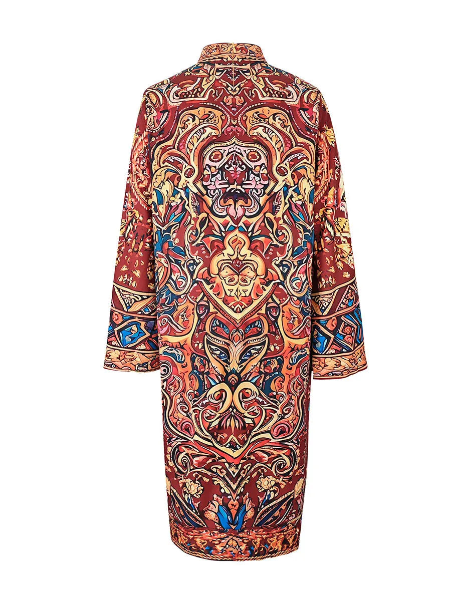 Long Sleeves Loose Contrast Color Printed Mock Neck Midi Dresses