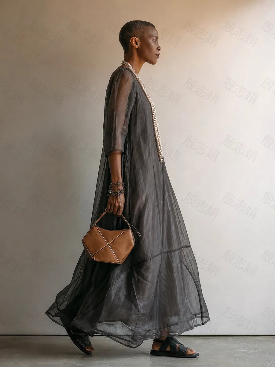 Women’s Dark Gray Minimalist Sheer Chiffon Overlay Round Neck Mid Sleeve Flowy Tiered Oversized Maxi Dress MDZ0299G1T