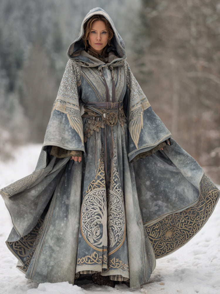 Women's Viking Style Gold Print Tree Of Life Dreamy Tie Dye Long Cape