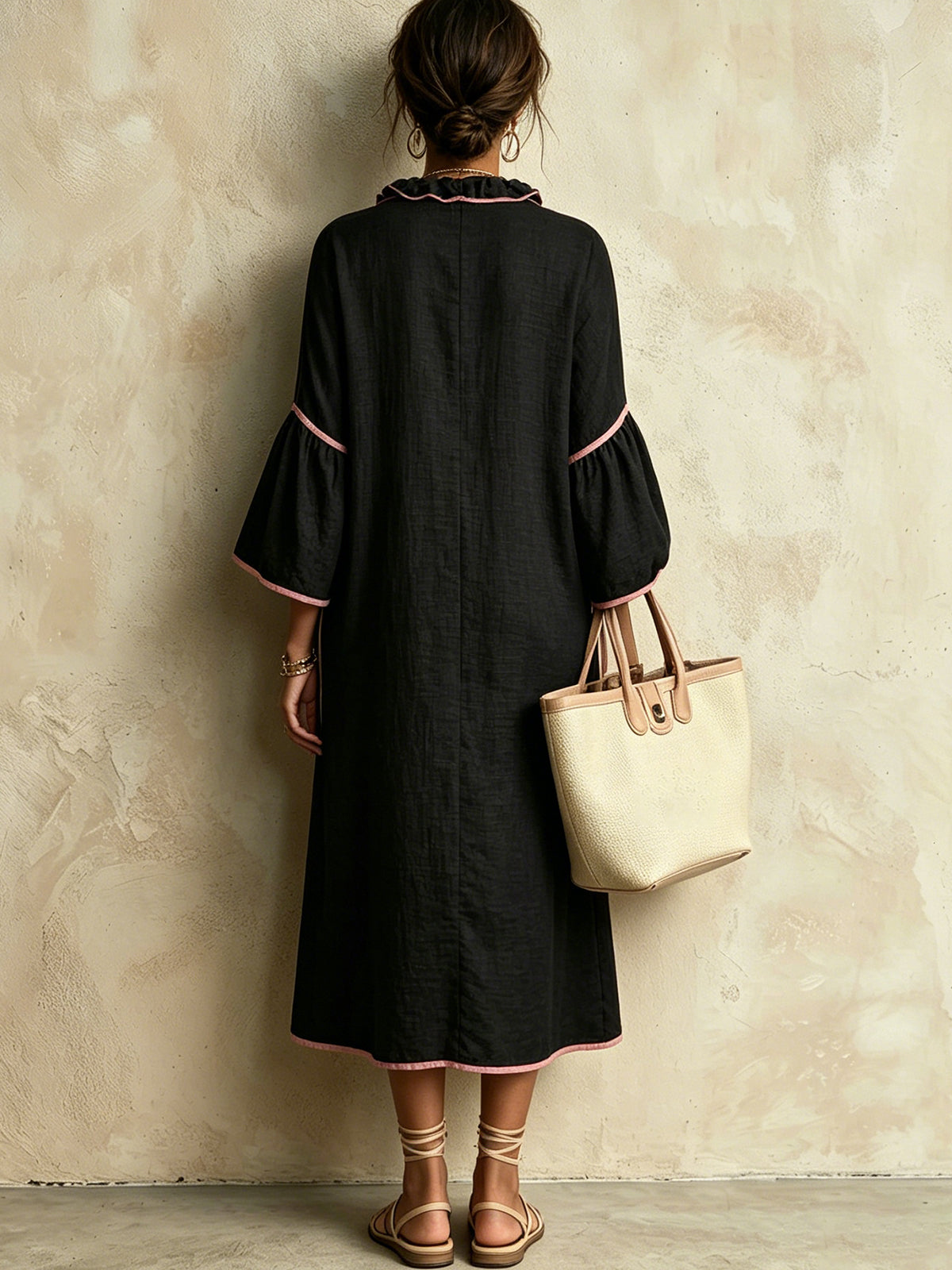 Black Ruffle Trim V-Neck Midi Dress With Pink Piping
