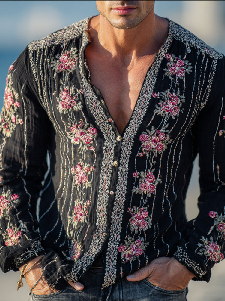 Men's Retro Floral Embroidered V-neck Long Sleeve Top