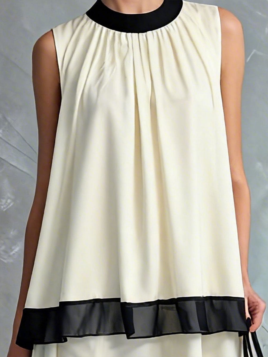 Women's Black And White Color-block Halter Neck With Pleating Sleeveless Dress