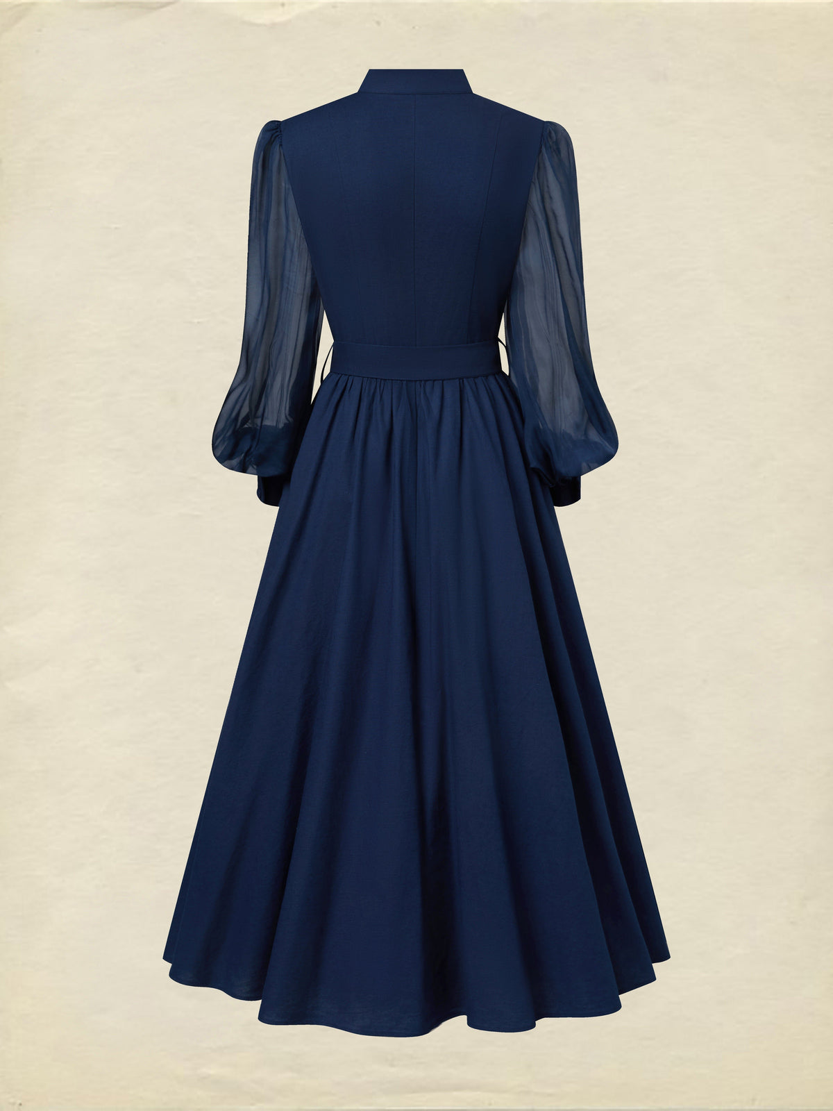 Maxi Cotton Dress, Long Sleeves, Stand Collar, Plain, Belt Design, French Vintage, Blue Purple