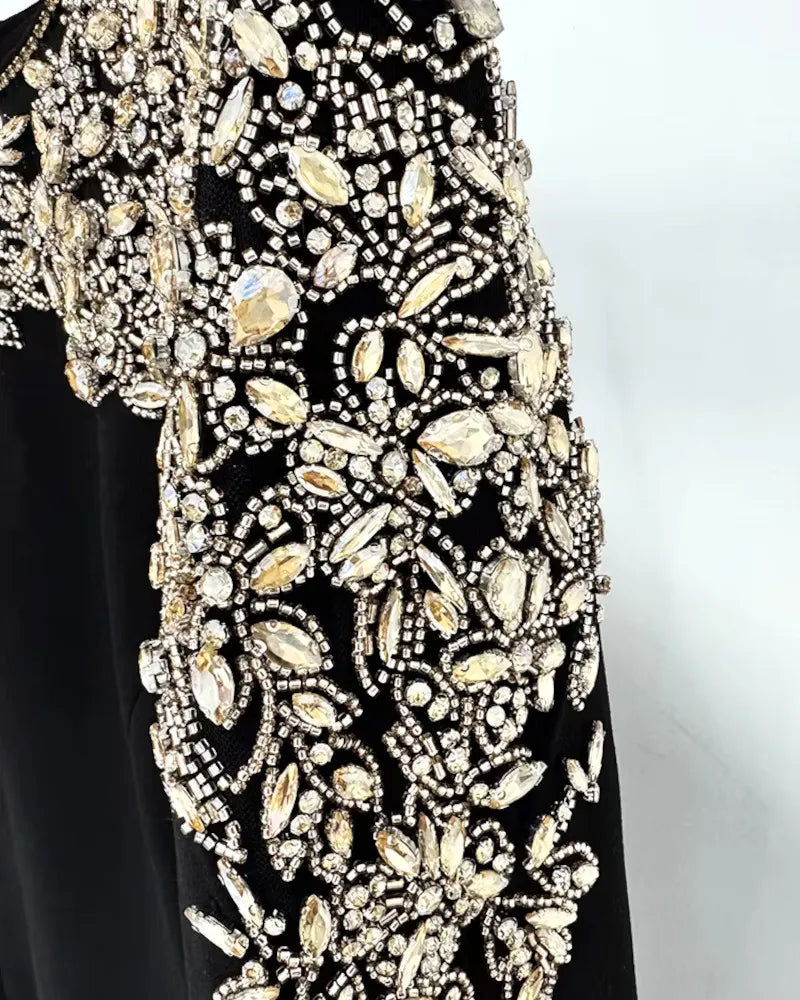 Long Sleeve Crystal Shoulder Midi Dress Black