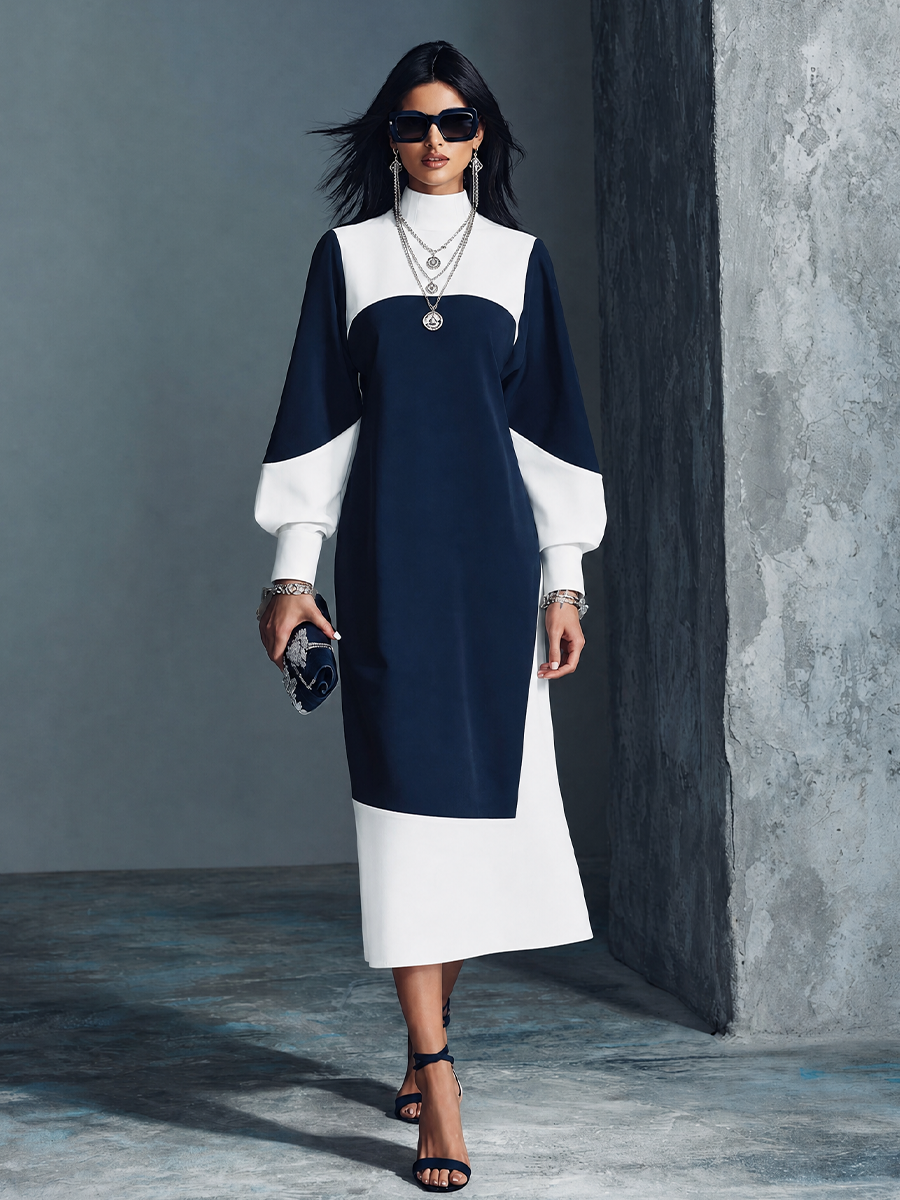 Women's Modern Elegant Navy White Cotton Blend Color-Block Lantern Sleeve Midi Dress MDZ2113G5GMJ