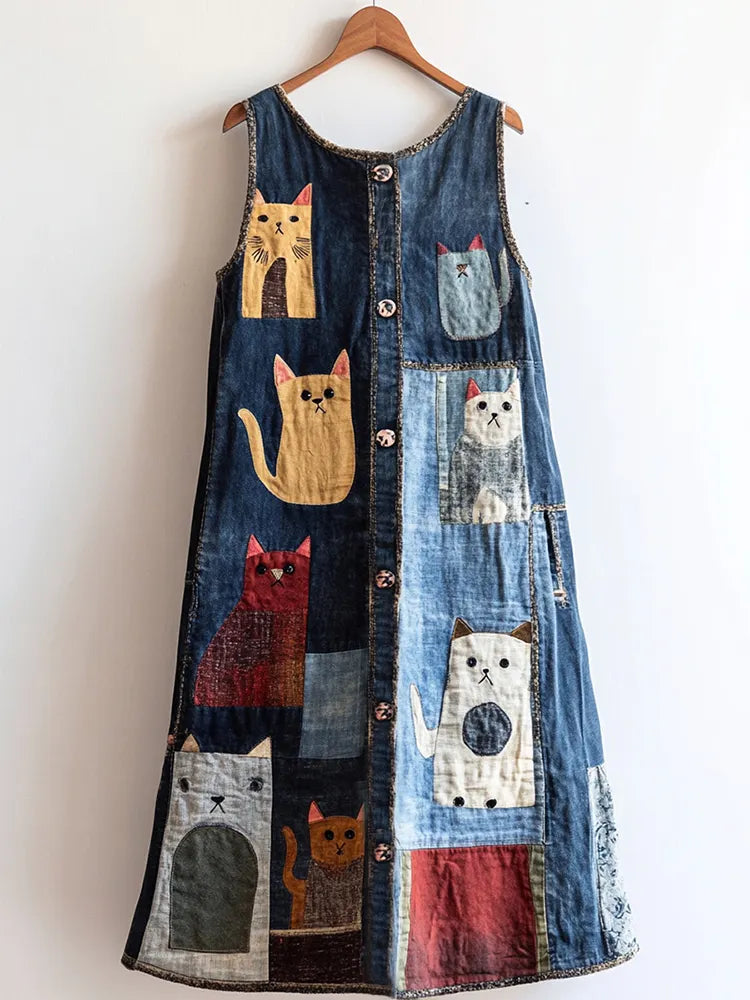 Casual Pop Art Patchwork Denim Cat Print Vest Dress