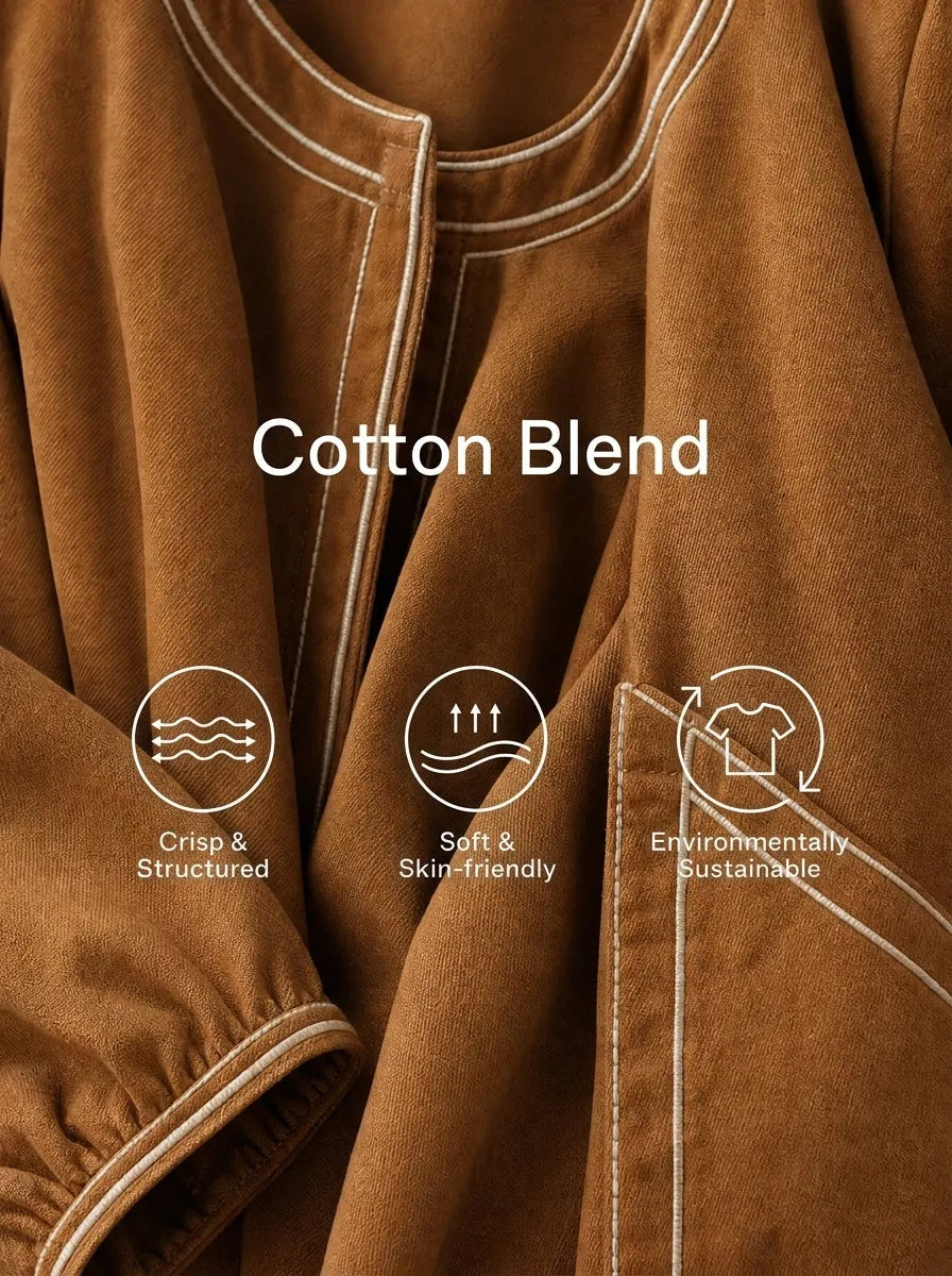 Women's Retro Commuter Caramel Cotton Blend Contrast Stitch Patch Pocket Lantern Sleeve Midi Dress MDZ1339G3GMJ