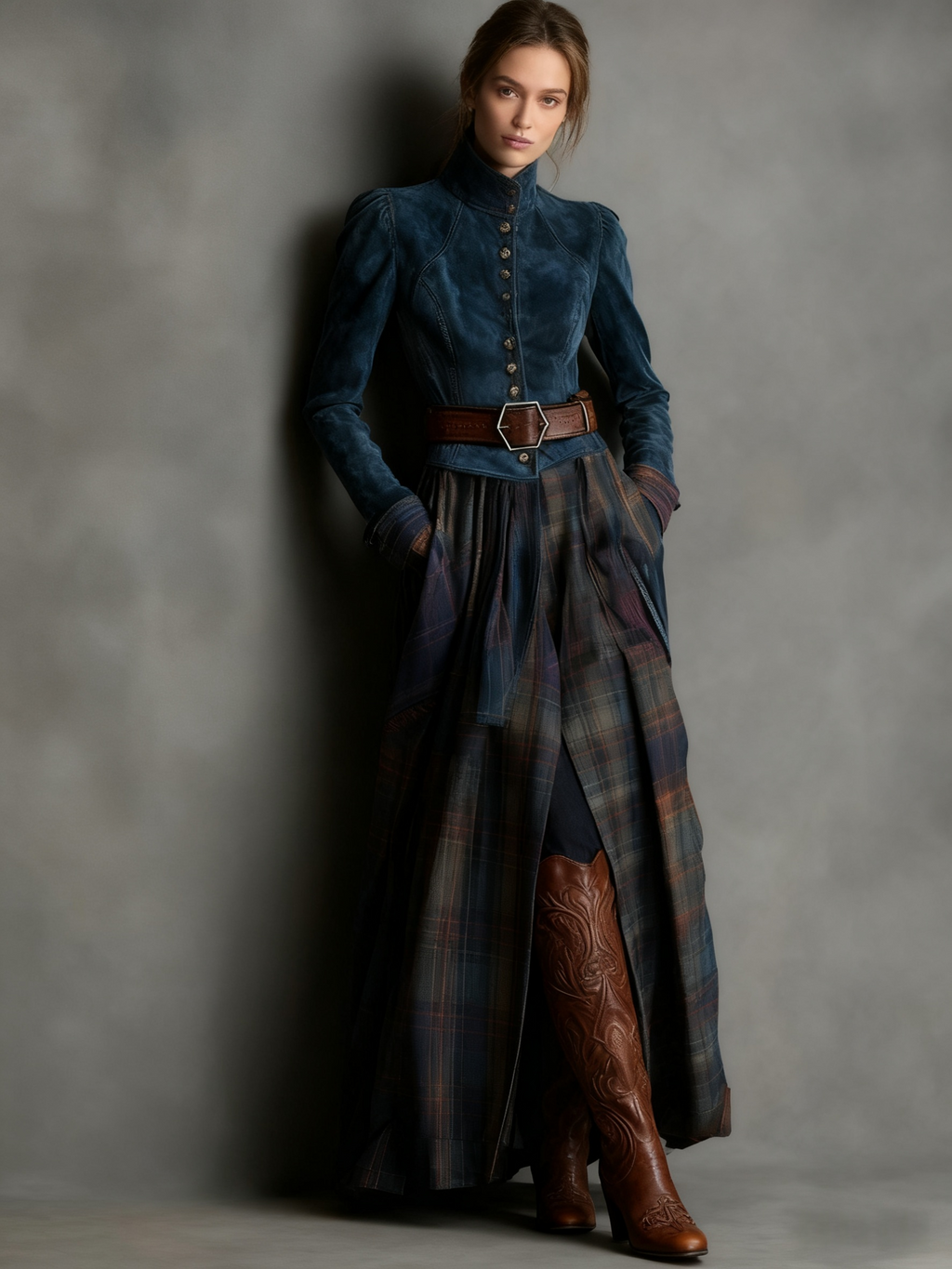 Retro Ethnic Style Blue Faux Suede Plaid Maxi Dress