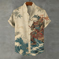 Japanese Wolf Samurai Sea Waves Linen Shirt