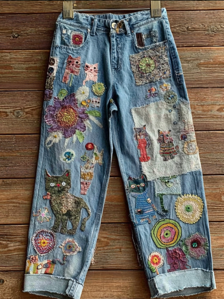 Women's Bohemian-style Floral Cat-print Jeans