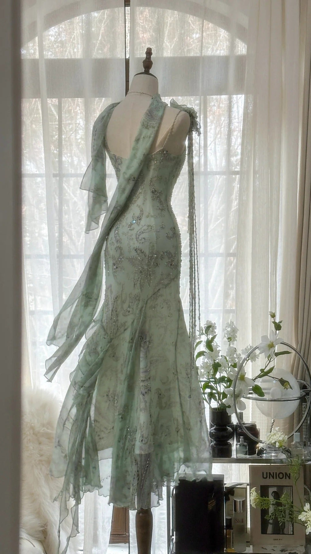 Mint Green Gorgeous Exquisite Beaded Long Chiffon Fairy Ball Gown Evening Dress Wedding Party Dress Prom Dress Graduation Date Dress 3989