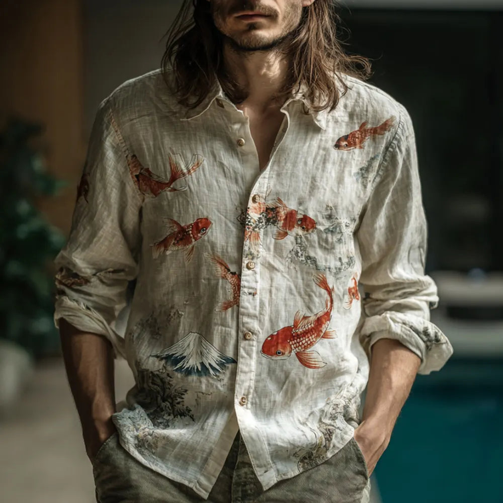Men's Japanese Carp And Mount Fuji Below Button-down Shirt