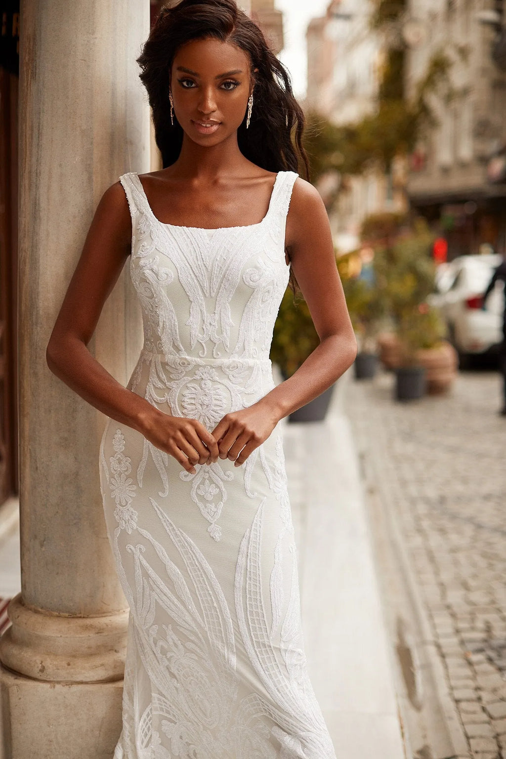 Cyndi - White sophisticated sequin mermaid maxi dress