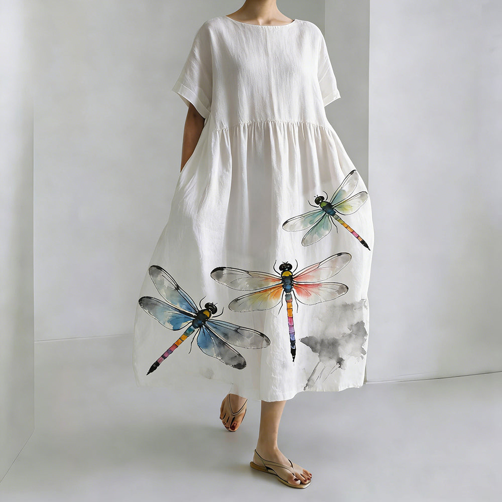Japanese Art Splash Ink Dragonfly Art Long Sleeve Casual Midi Dress