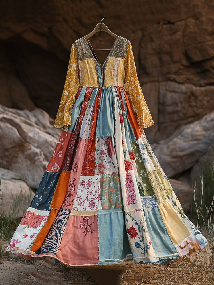 Women's Vintage Bohemian Patch Cotton And Linen Long Sleeve Dress 8ad8