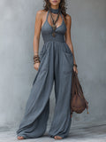 Retro Halter-Neck Shirred Waist Wide-Leg Jumpsuit