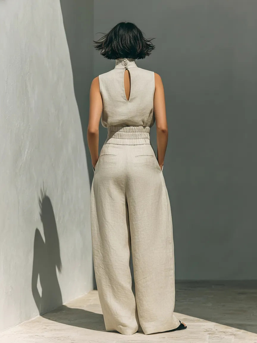Beige Faux Cotton-linen Blend Sleeveless Top And Wide-leg Pants Set