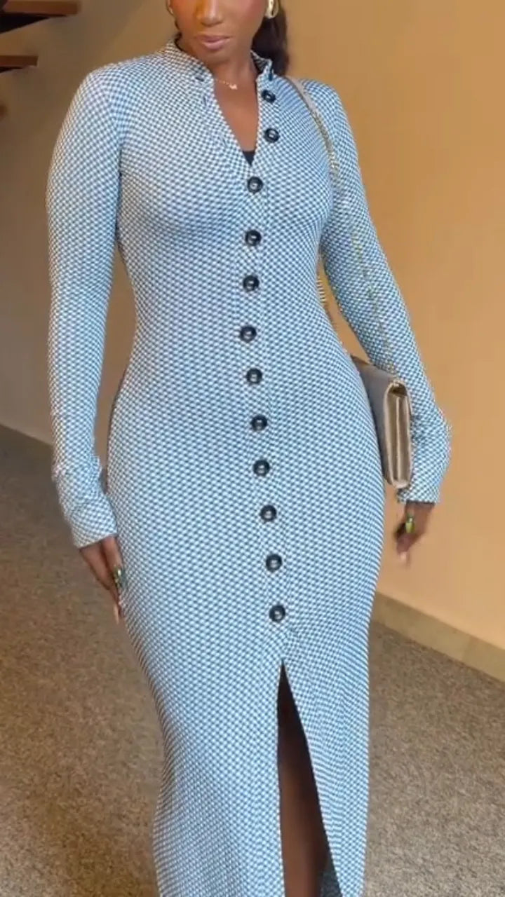 Women Round Neck Breasted Plaid Slim Fit Slit Elegant Temperament Dress