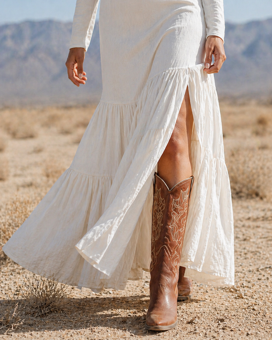 Ivory Western Boho Maxi Dress with Corset Bodice