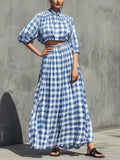 Women’s Blue White Gingham Plaid Lapel Collar Puff Half Sleeve Cropped Shirt & Elastic High Waist Flowy Maxi Skirt Two Piece Matching Set MDZ3010F9T