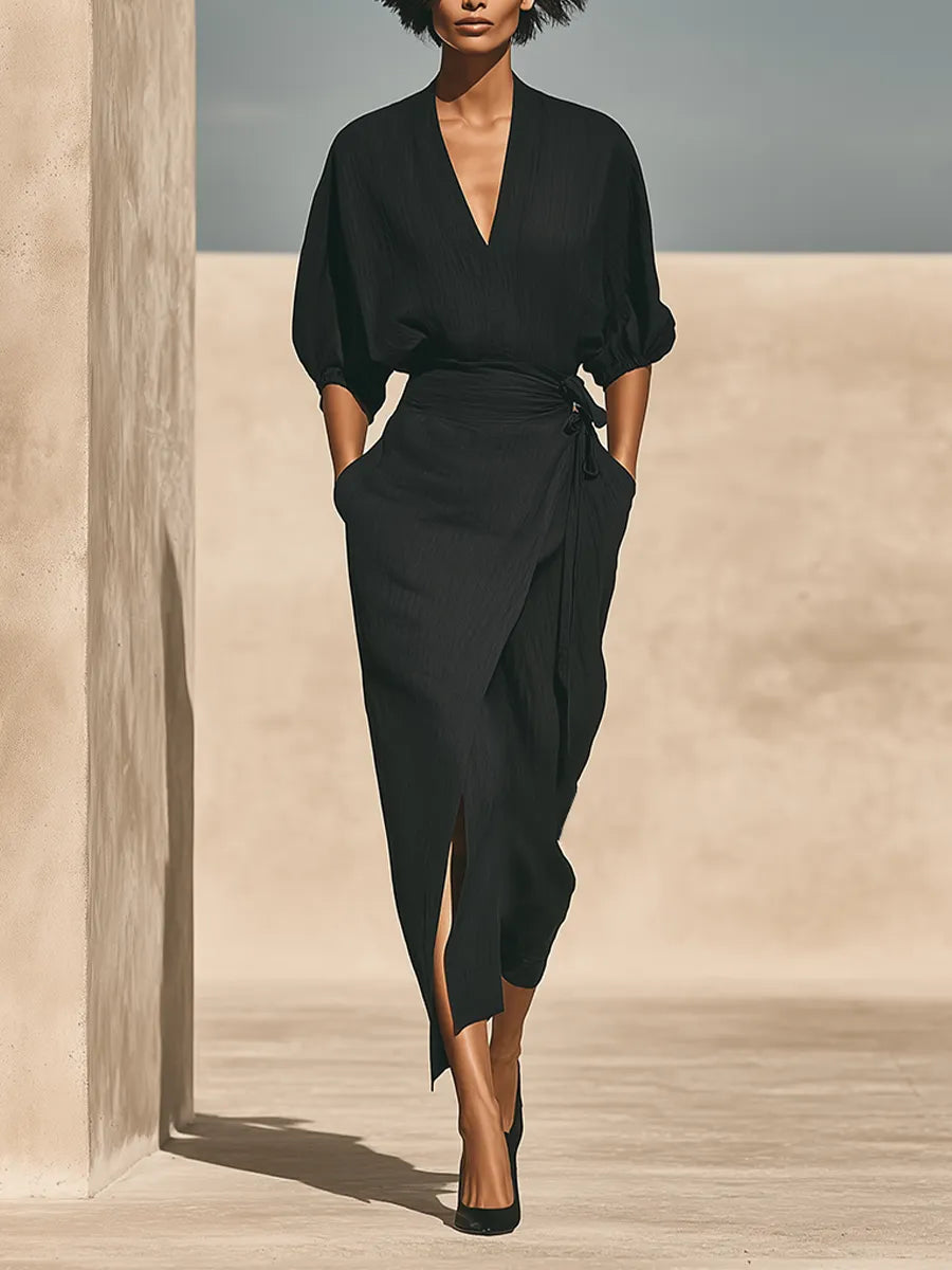 Women's Black Textured Linen Blend Two Piece Wrap Matching Set With Batwing Puff Sleeve Top & Tie Waist Wrap Midi Skirt, Minimalist Resort Elegant Outfit MDZ1605G0LYL