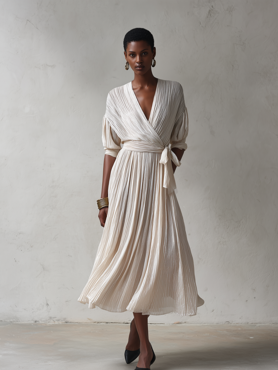 Women's Elegant Ivory Pleated Wrap V-Neck Tie Waist Batwing Sleeve Pleated Midi Dress MDZ1370G0ZSQ