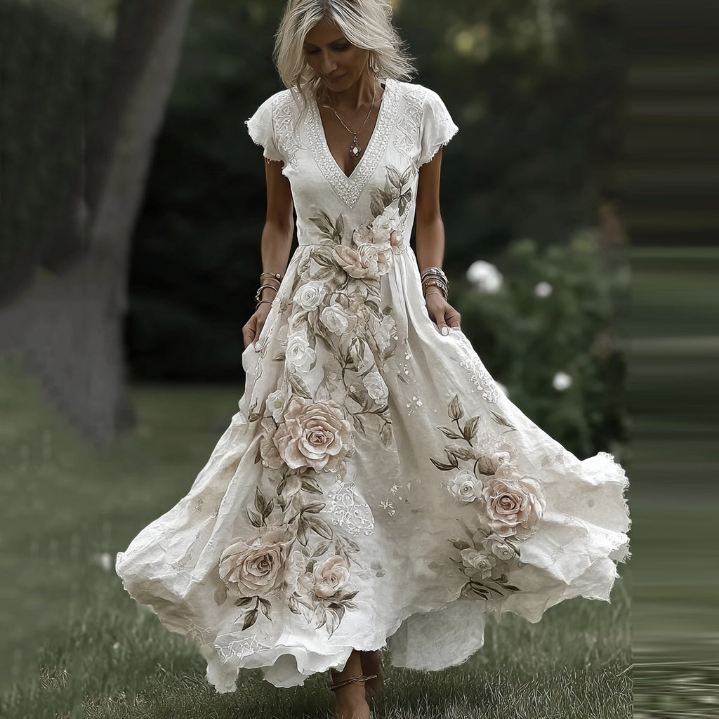 Women's  Vintage Floral Embroidered Art Pattern Short Sleeve Midi Dress