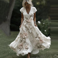 Women's  Vintage Floral Embroidered Art Pattern Short Sleeve Midi Dress