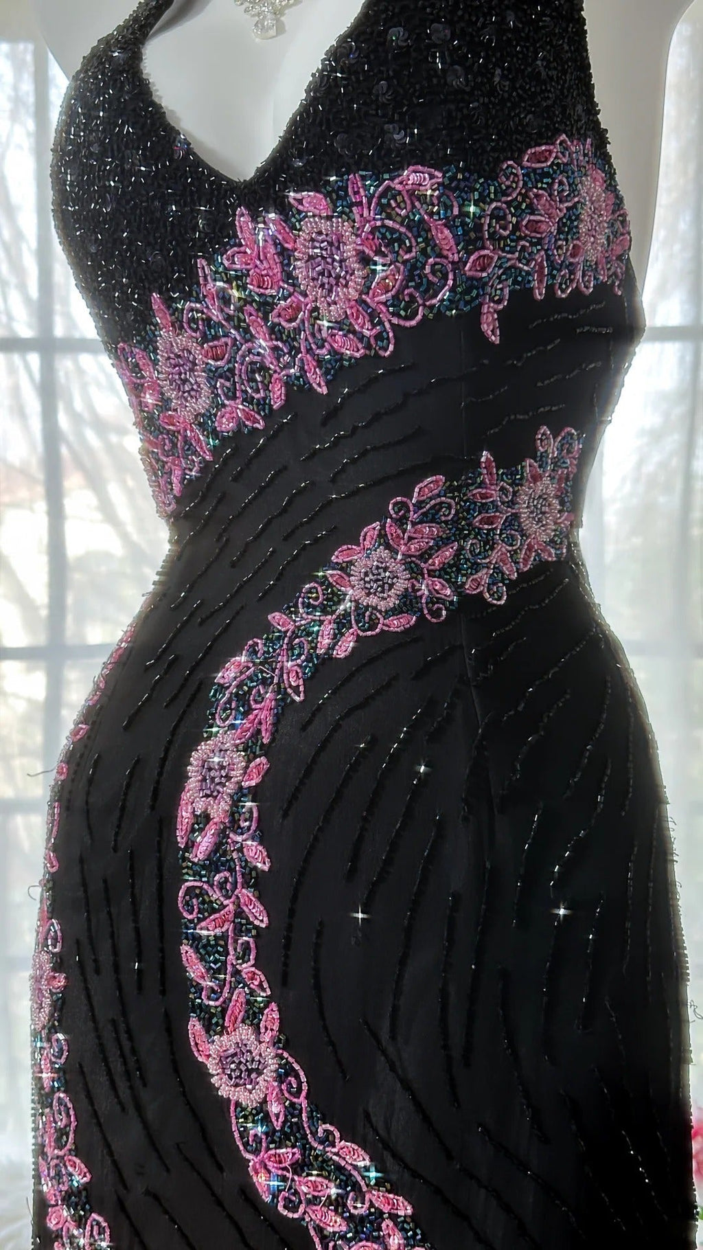 Black Shiny Vintage Elegant Romantic Delicate Pink Floral Beading Long Chiffon Homecoming Ball Gown Evening Dress Birthday/Wedding Guest/Holiday Party Dress Prom Dress 4025