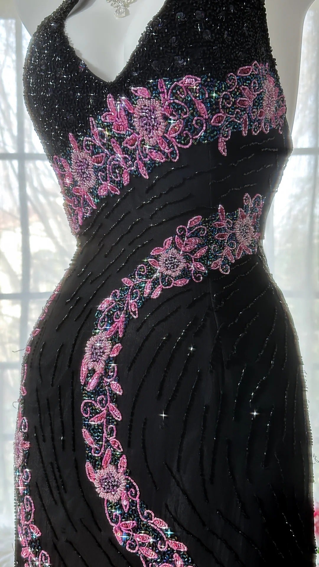 Black Shiny Vintage Elegant Romantic Delicate Pink Floral Beading Long Chiffon Homecoming Ball Gown Evening Dress Birthday/Wedding Guest/Holiday Party Dress Prom Dress