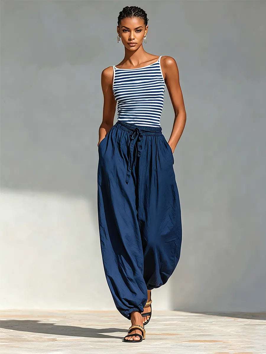 Women's Navy & White Striped Cotton-Blend Two-Piece Set With Square Neck Sling Top & Drawstring Harem Jogger Pants, Minimalist Casual Vacation Outfit MDZ0518F8LYL